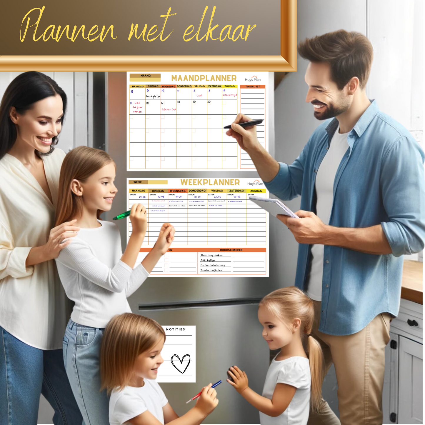 Magnetische planner in gebruik op koelkast
