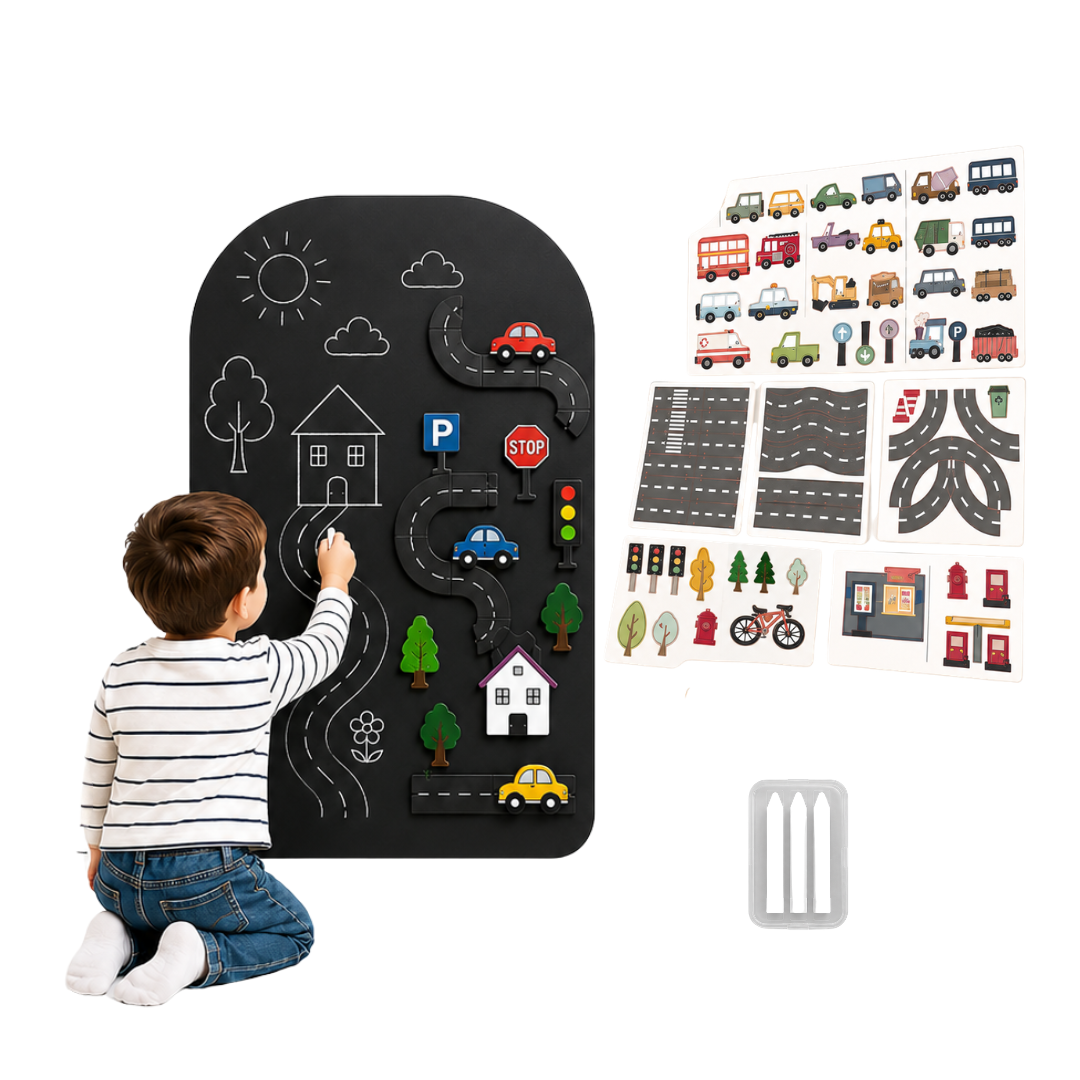 Zelfplakkend & magnetisch krijtbord Beige + 3 witte krijt + set autobaan met voertuigen