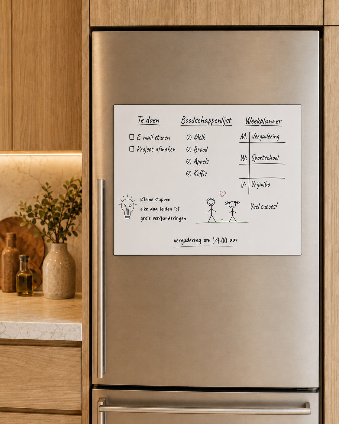 Witte magnetische A3 planner met to-do, boodschappenlijst en weekplanner op een koelkast