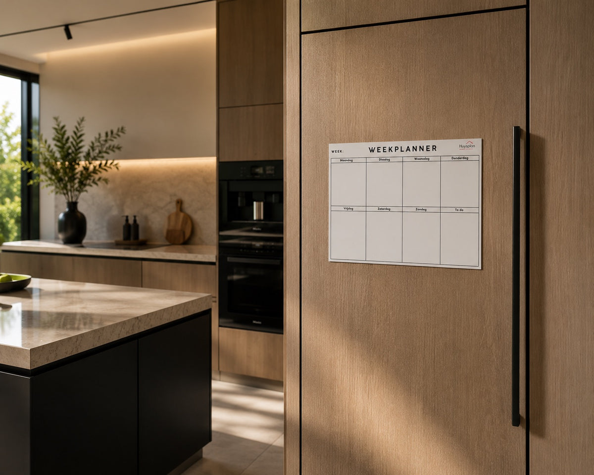 Zelfklevende weekplanner op een koelkastdeur in een moderne keuken
