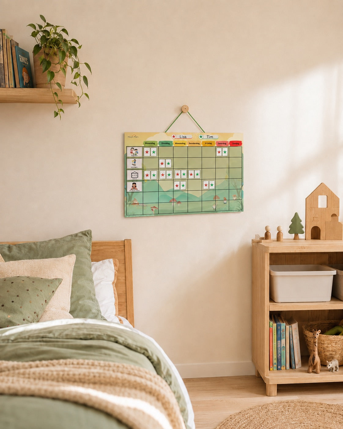 Groene beloningsplanner met sterren voor twee kinderen aan de muur van een kinderkamer