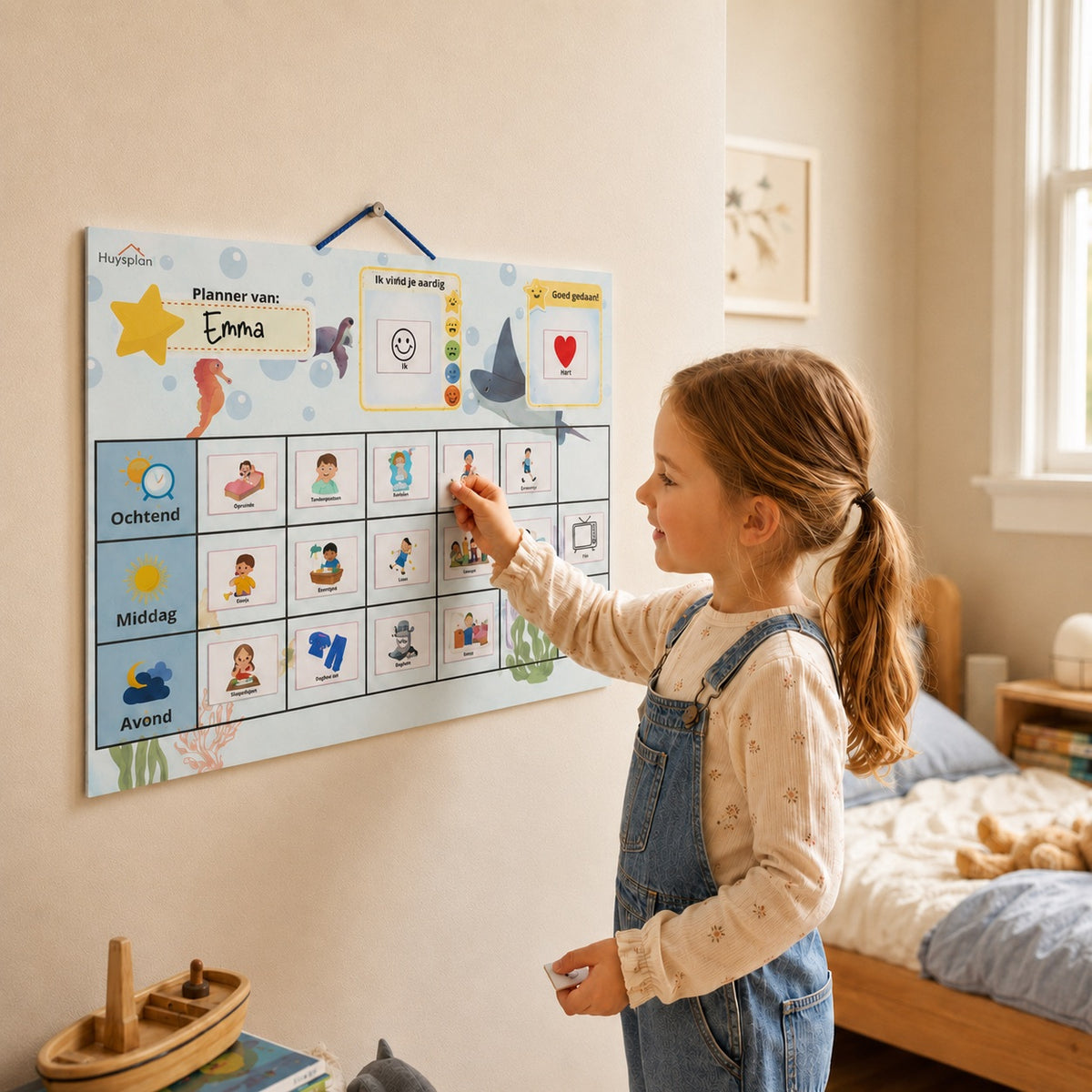 Meisje verplaatst een pictogram op de magnetische dagplanner ochtend middag avond in haar slaapkamer