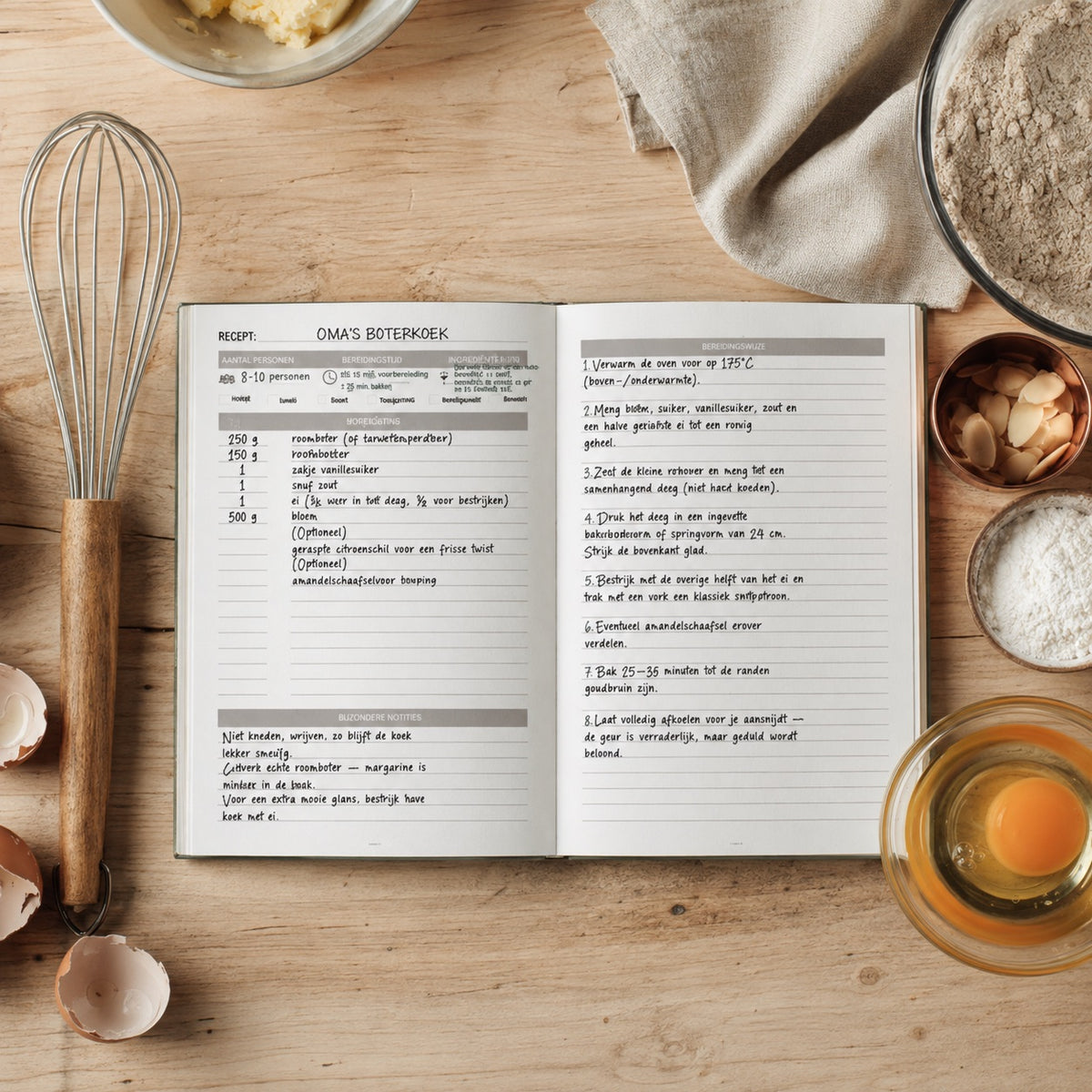 Opengeslagen HuysPlan receptenboek met een handgeschreven recept tussen bakingredienten