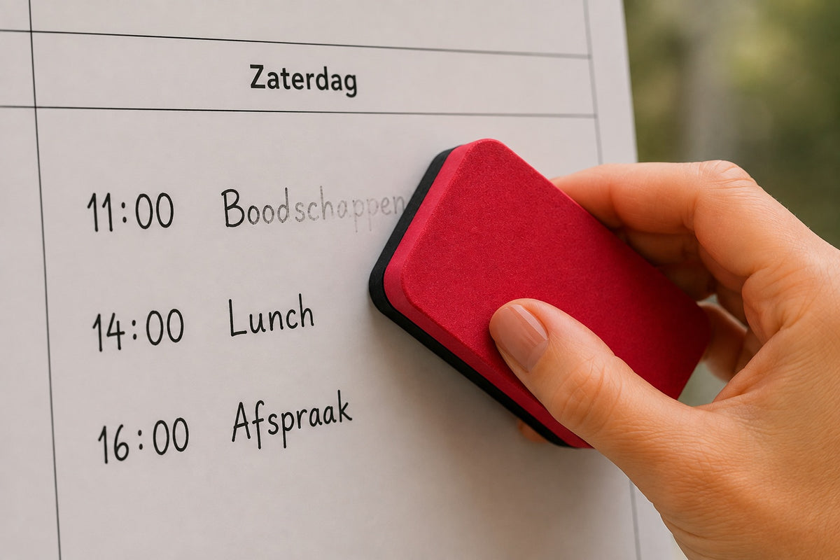 Hand veegt met een rode wisser handgeschreven afspraken van een planner