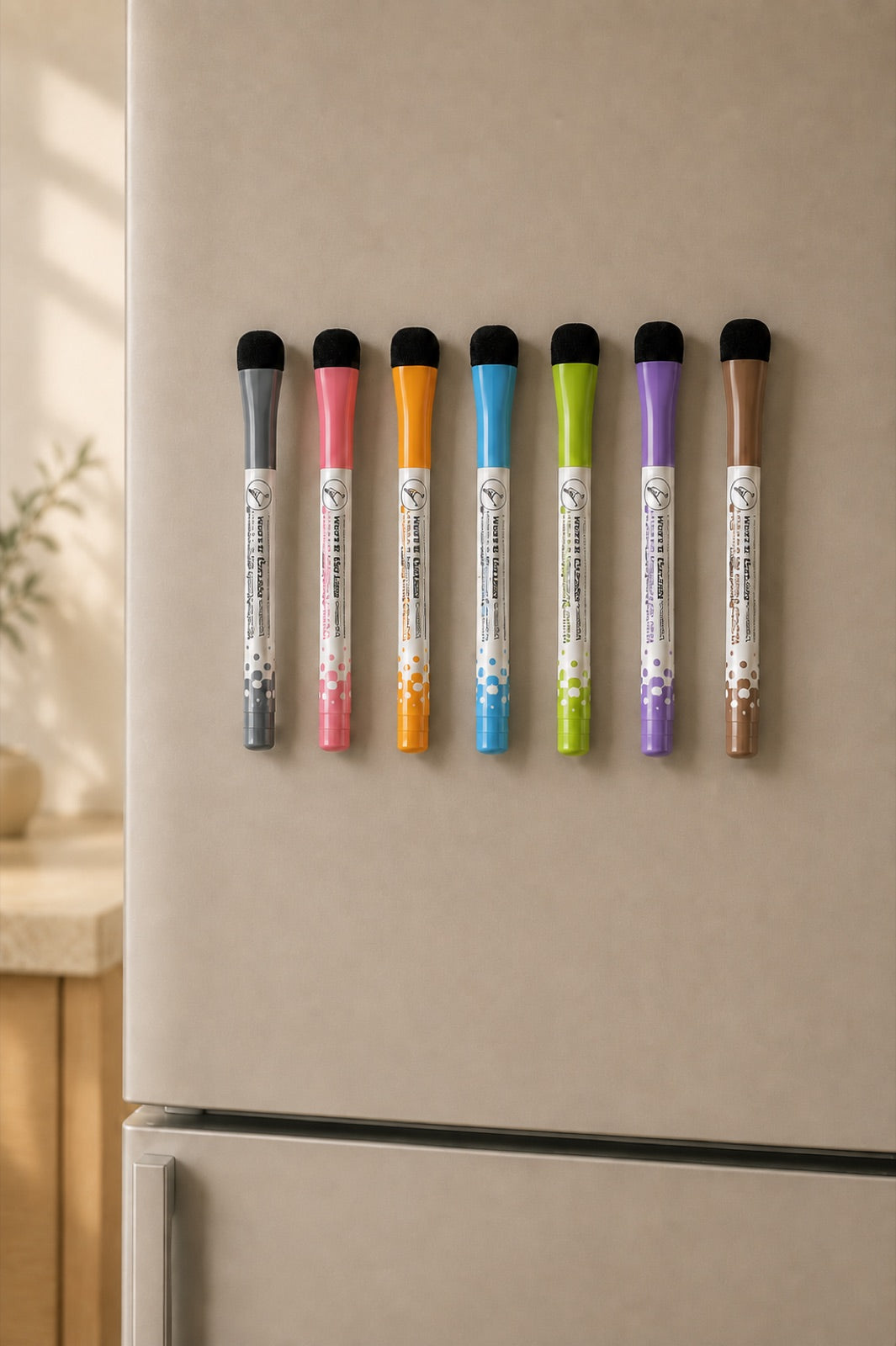 Zeven magnetische whiteboardstiften in verschillende kleuren op een koelkastdeur